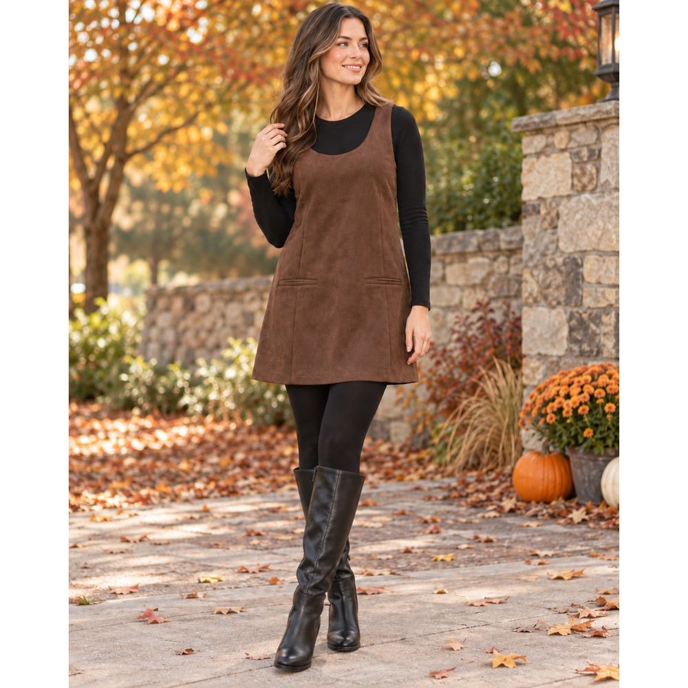 HYFVE Women's Large Brown Faux Suede Jumper Mini Dress Side Zip NWT